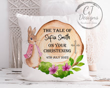 Load image into Gallery viewer, Personalised Christening Cushion Peter Rabbit Pink Flopsy Rabbit  Water Colour White Super Soft Pillow Cover Gift Keepsake Pink or Blue
