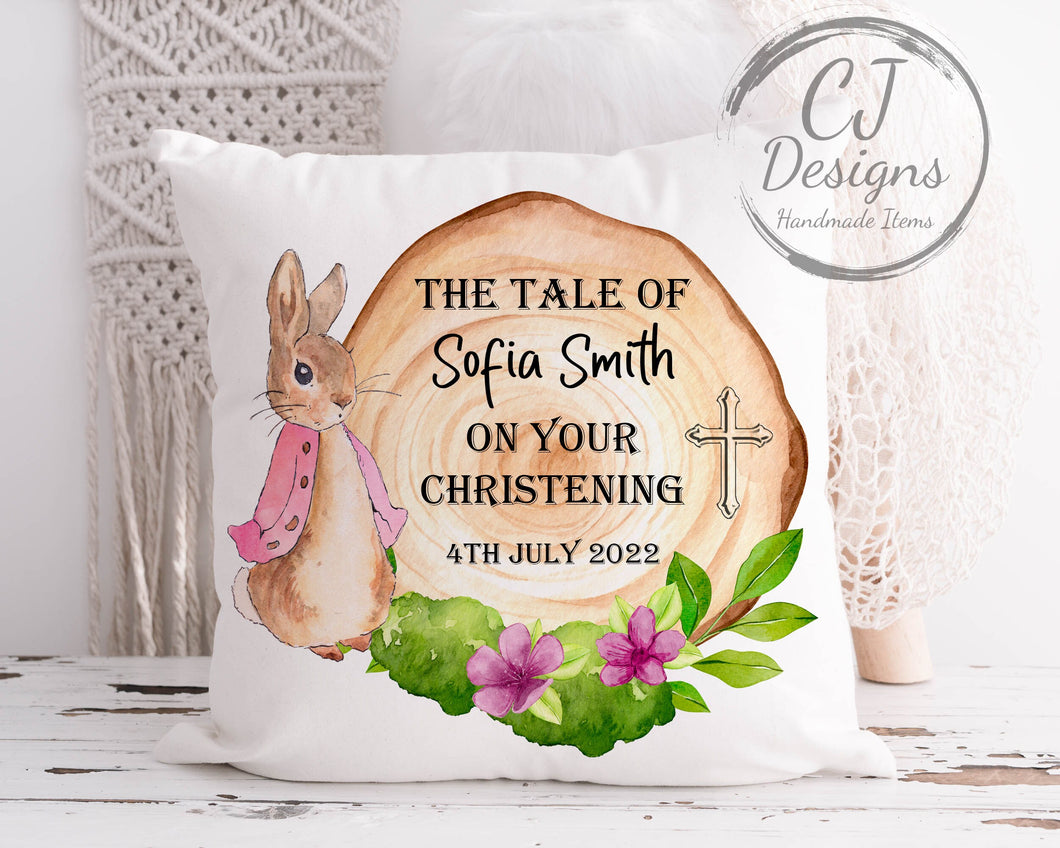 Personalised Christening Cushion Peter Rabbit Pink Flopsy Rabbit  Water Colour White Super Soft Pillow Cover Gift Keepsake Pink or Blue