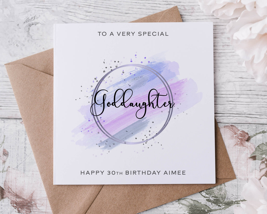 Personalised Goddaughter Birthday Card, Special Relative, Happy Birthday, Age Card For Her 30th, 40th,50th Any Age Purple Theme