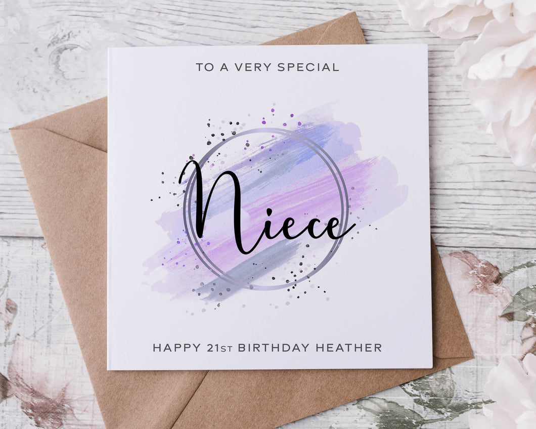 Personalised Niece Birthday Card, Card for Her Special Niece with Age and Name 16th 18th 21st 30th 40th 50th 60th Purple Theme