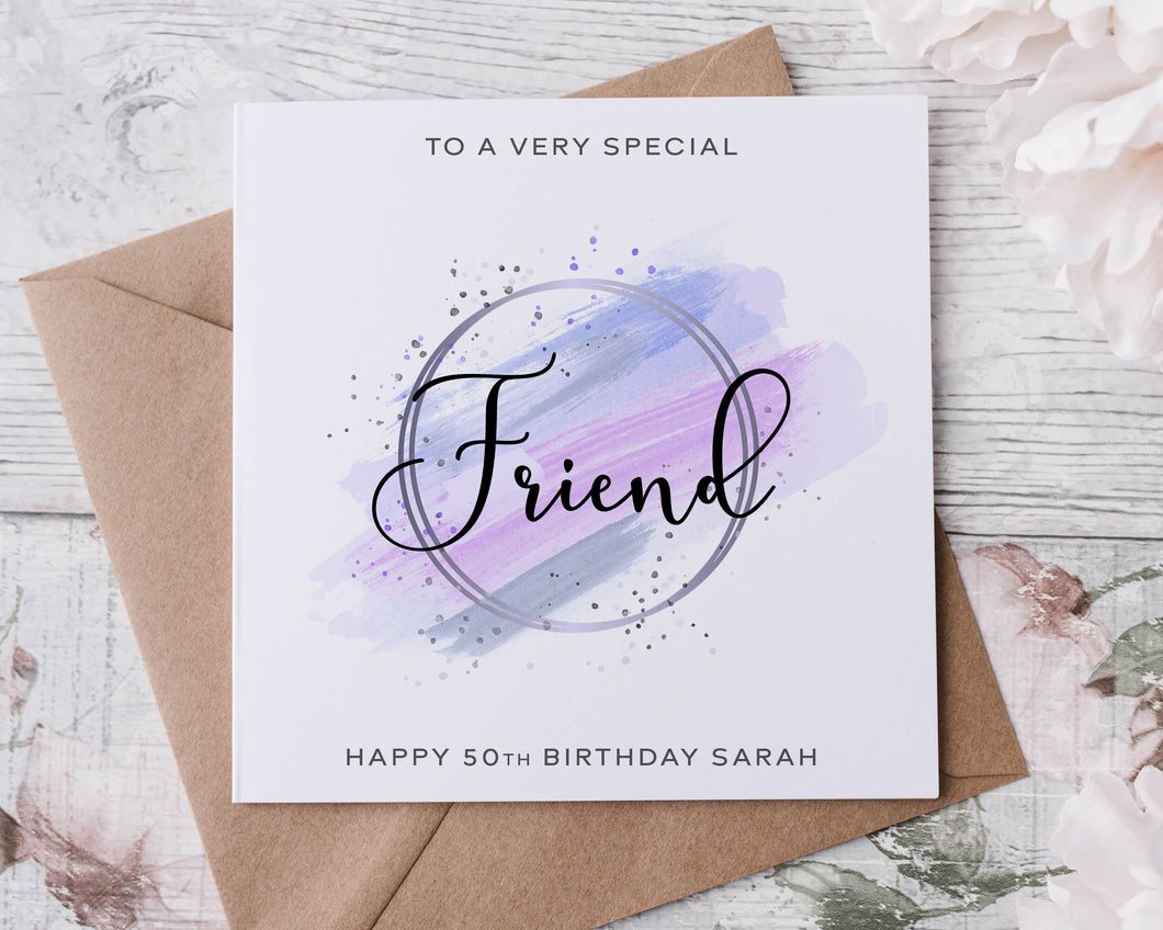 Personalised Special Friend Birthday Card, Happy Birthday, Age Card For Her 21st, 30th, 40th, 50th, 60th, 70th, 80th, 90th Purple Theme