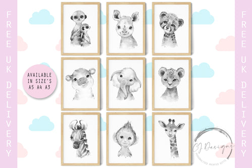 Cute Safari Animal Prints  in Monochrome Baby Boy Girl Jungle Nursery Bedroom Decor Wall Art A5 A4 A3 Sets YOU CHOOSE Neutral Prints