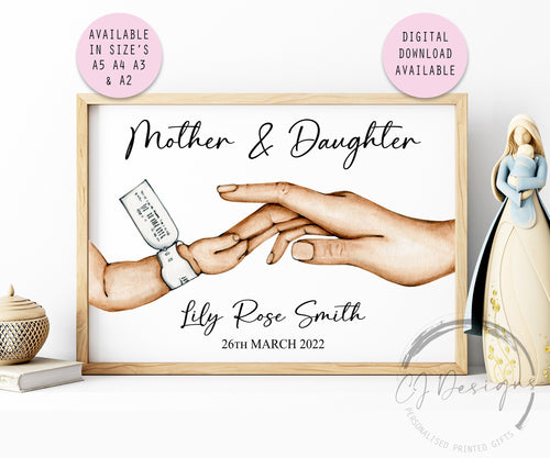 Personalised Mother & Daughter Hands Print  in Colour or Monochrome, Unframed Prints Mothers Day Wall Decor Gift Keepsake New Mum