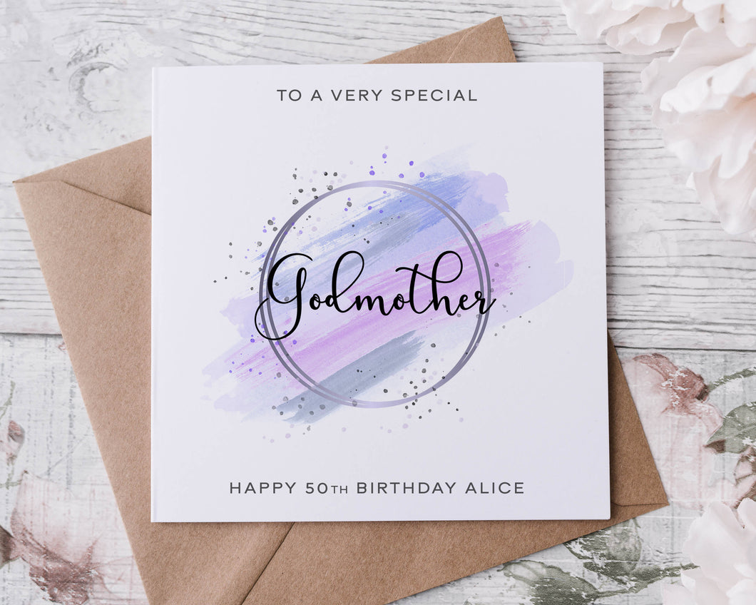 Personalised Godmother Birthday Card, Special Relative, Happy Birthday, Age Card For Her 30th, 40th,50th, 60th, 70th, 80th, Purple Theme