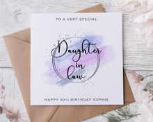 Load image into Gallery viewer, Personalised Daughter in Law Birthday Card, Special Relative, Happy Birthday, Age Card For Her 30th, 40th,50th Any Age Purple Theme
