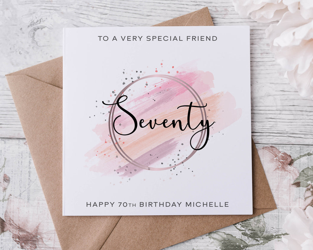Personalised 70th Birthday Card, Any Family Relation, Friend Happy Birthday, Age Card For Her Niece, Sister, Daughter, Mum Pink Theme