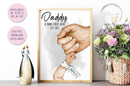 Personalised Father & Son Hands Print Sons First Hero, Dad Daddy Unframed Prints Fathers Day Wall Decor Gift Keepsake New Father