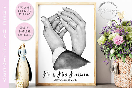 Personalised Mr and Mrs Wedding Day Hands Print  in Black & White Unframed Prints New Home Wall Decor Wedding Gift Keepsake