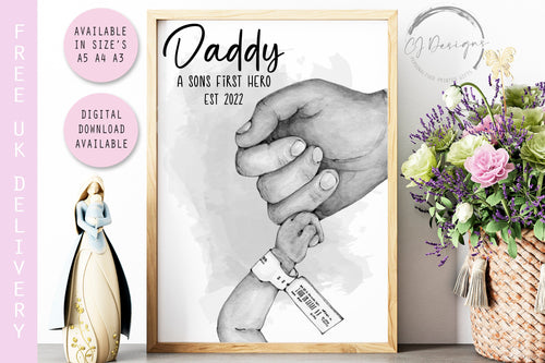 Personalised Father & Son Hands Print  in Monichrome Sons First Hero, Daddy Unframed Prints Fathers Day Wall Decor Gift Keepsake New Dad