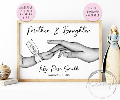 Personalised Mother & Daughter Hands Print  in Monochrome or Colour, Unframed Prints Mothers Day Wall Decor Gift Keepsake New Mum