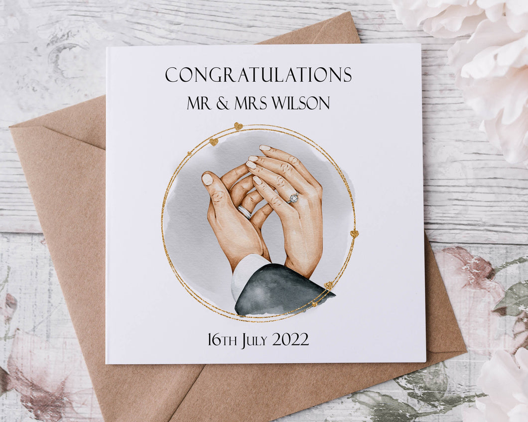Personalised Congratulations Wedding Day Card, With Names & Date, Mr and Mrs Card Bride and Groom Hands