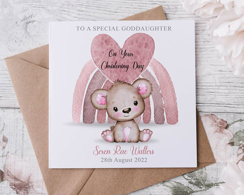 Personalised Goddaughter Christening Card, Cute Pink Bear Name and Date Greeting Card, Christening Day Keepsake