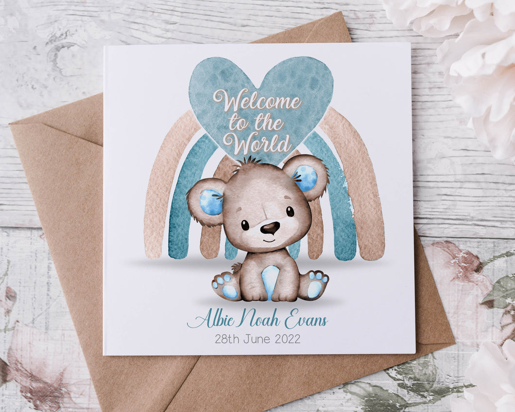 Personalised New Baby Card Cute Blue Teddy Bear Boy/Girl Congratulations Card