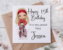 Load image into Gallery viewer, Personalised Niece Birthday Card, Card for Her Any relation and Age, Name 16th 18th 21st 30th 40th 50th 60th You choose Hair and Eye Colour
