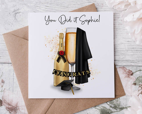 Personalised Graduation Card Congratulations You Did It with Chanpagne Bottle, Cap and Gown Large or Small Card Gold, Pink or Silver