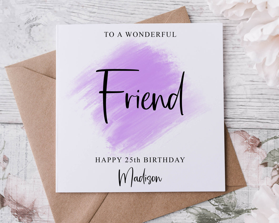 Personalised Wonderful Friend Birthday Card, Purple Theme Age and Name Card For Her, 18th, 21st, 30th, 40th, 50th, 60th, 70th, 80th, 90th
