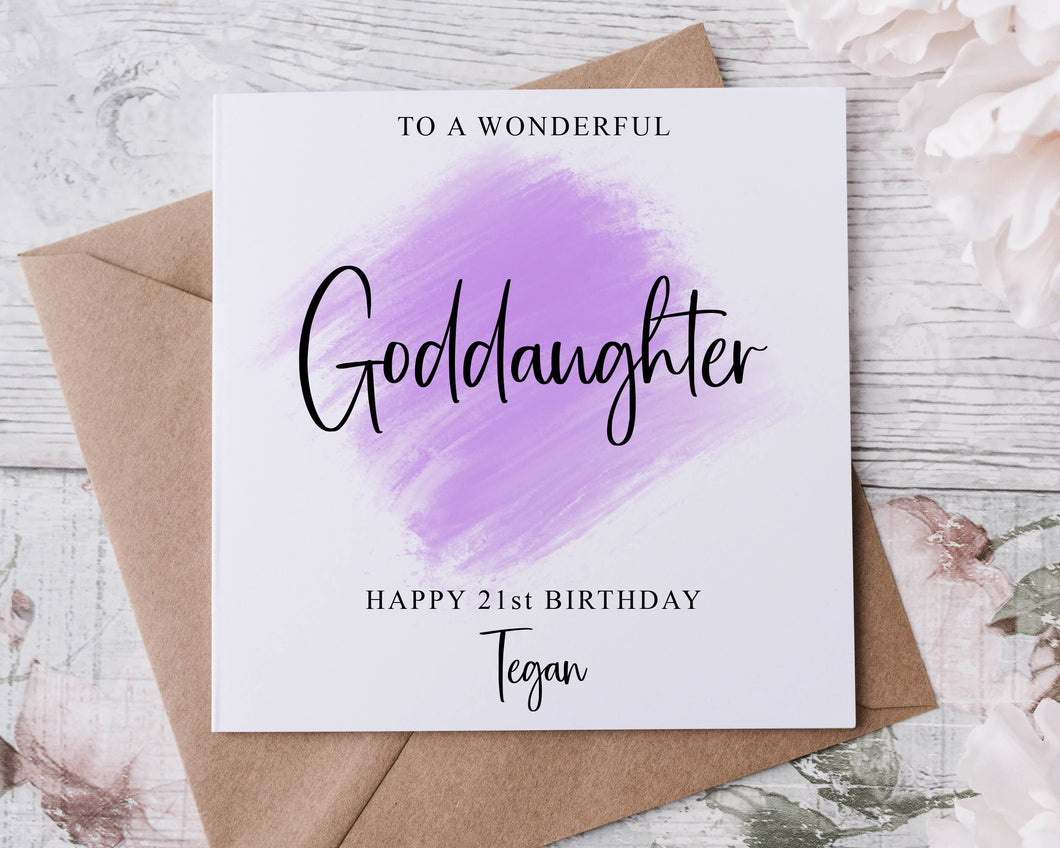 Personalised Goddaughter Birthday Card, Purple Theme Age Card and Name For Her 16th 18th 21st 30th, 40th,50th Any Age Med Or Lrg