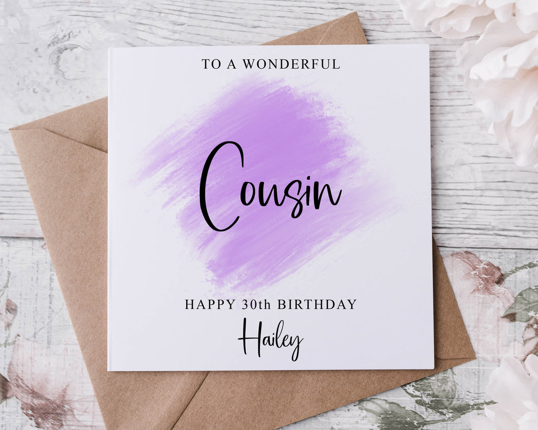 Personalised Cousin Birthday Card, Purple Theme Age and Name Card For Her 18th 21st 30th, 40th,50th, 60th, 70th, 80th, Any Age Med Or Lrg