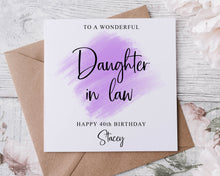 Load image into Gallery viewer, Personalised Step Daughter Birthday Card, Purple Theme Age and Name Card For Her 18th 21st 30th, 40th,50th Any Age Med Or Lrg

