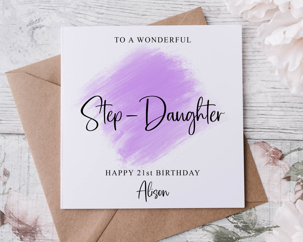 Personalised Step Daughter Birthday Card, Purple Theme Age and Name Card For Her 18th 21st 30th, 40th,50th Any Age Med Or Lrg