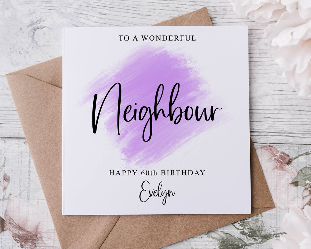 Personalised Neighbour Birthday Card, Purple Theme Card for Her with Any Name and Age 16th 18th 21st 30th 40th 50th 60th 70th 80th 90th