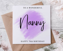 Load image into Gallery viewer, Personalised Nanny Birthday Card, Special Purple Theme Age Card For Her 30th, 40th,50th, 60th, 70th, 80th,  Any Age Med Or Lrg
