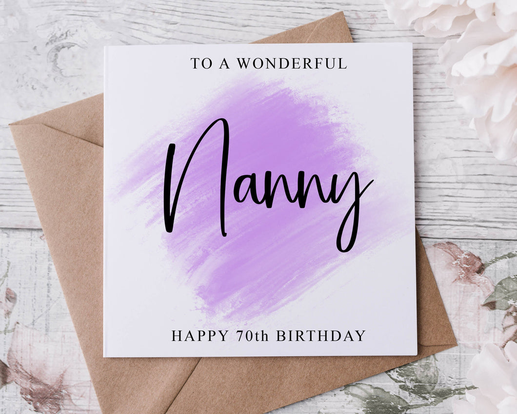 Personalised Nanny Birthday Card, Special Purple Theme Age Card For Her 30th, 40th,50th, 60th, 70th, 80th,  Any Age Med Or Lrg