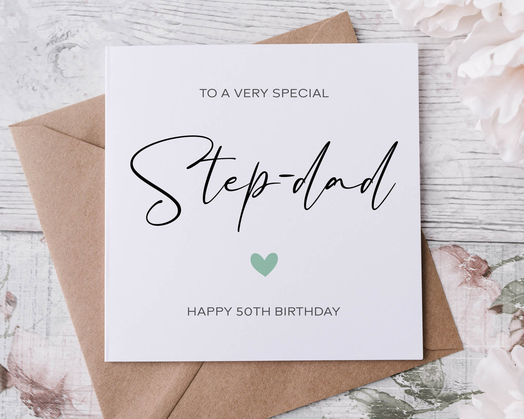 Personalised Step-dad Birthday Card with Green Heart, Age Card For Him 30th, 40th,50th, 60th, 70th, 80th, Any Age