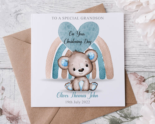 Personalised Grandson/Godson Christening Card, Cute Blue Bear Name and Date Greeting Card, Christening Day Keepsake