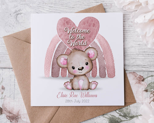 Personalised New Baby Card Cute Pink Teddy Bear Boy/Girl Congratulations Card