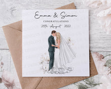 Load image into Gallery viewer, Personalised Congratulations Wedding Day Card, You Choose Hair Colour and Skin Tone With Names &amp; Date, Mr and Mrs Card
