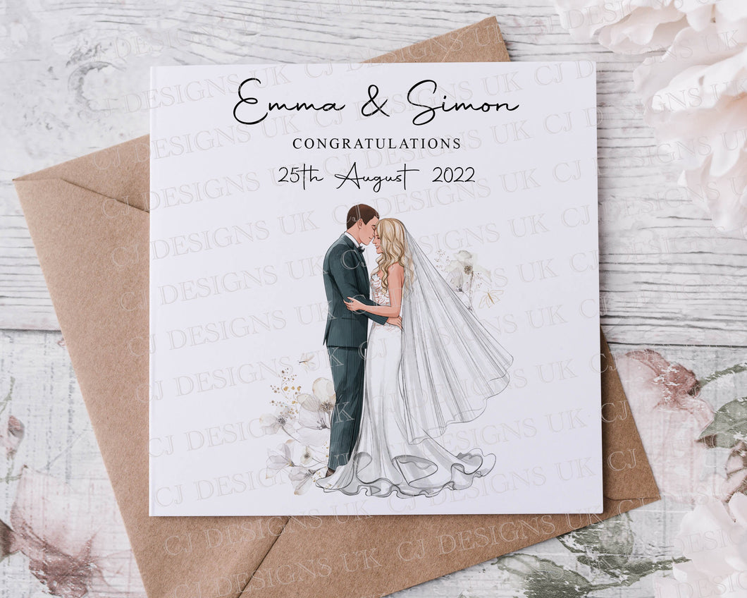 Personalised Congratulations Wedding Day Card, You Choose Hair Colour and Skin Tone With Names & Date, Mr and Mrs Card