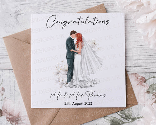 Personalised Congratulations Wedding Day Card, You Choose Hair Colour and Skin Tone With Names & Date, Mr and Mrs Card