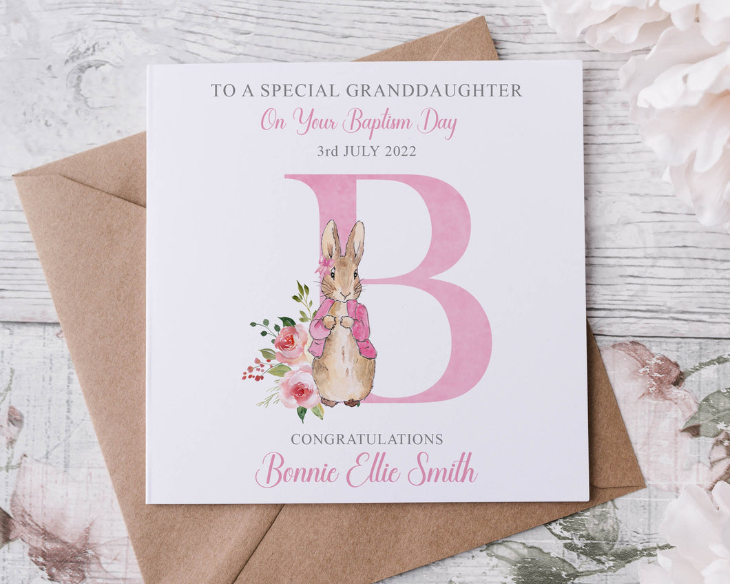 Personalised Peter Rabbit Granddaughter/Goddaughter Baptism Card, Initial Name and Date Greeting Card,  Keepsake Girls Flopsy Pink Bunny