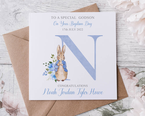 Personalised Peter Rabbit Godson Baptism Card, Initial Name and Date Greeting Card,  Keepsake Boys Blue Rabbit