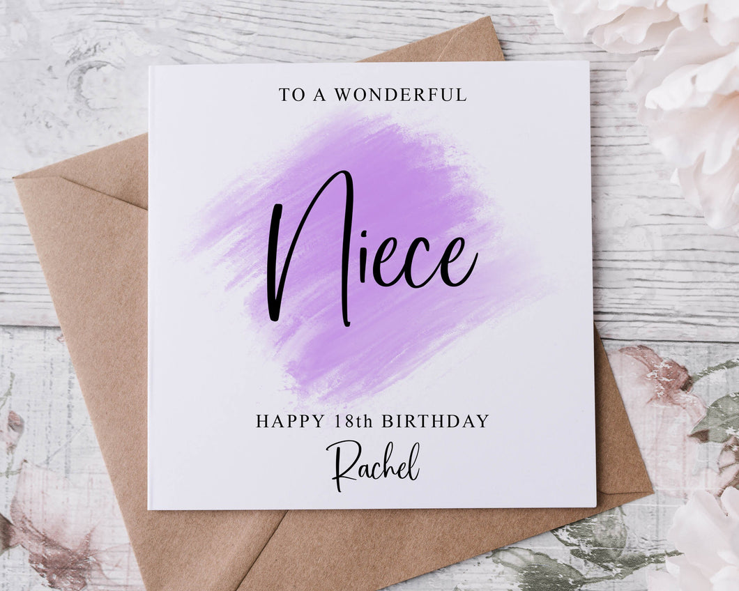 Personalised Niece Birthday Card, Purple Theme Card for Her Special Niece with Age and Name 16th 18th 21st 30th 40th 50th
