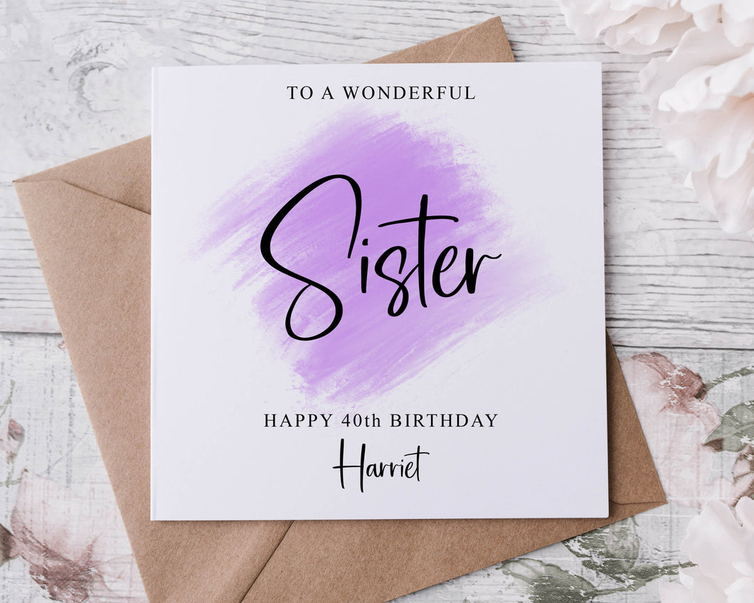 Personalised Sister Birthday Card, Purple Theme Age and Name Card For Her 18th 21st 30th, 40th,50th, 60th, 70th, 80th, Any Age
