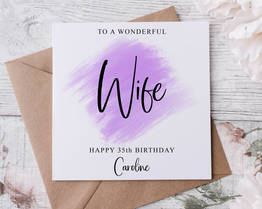 Personalised Wife Birthday Card, Purple Theme To My Wonderful Wife, Fiance, Wifey 30th 40th 50th Name Any Age