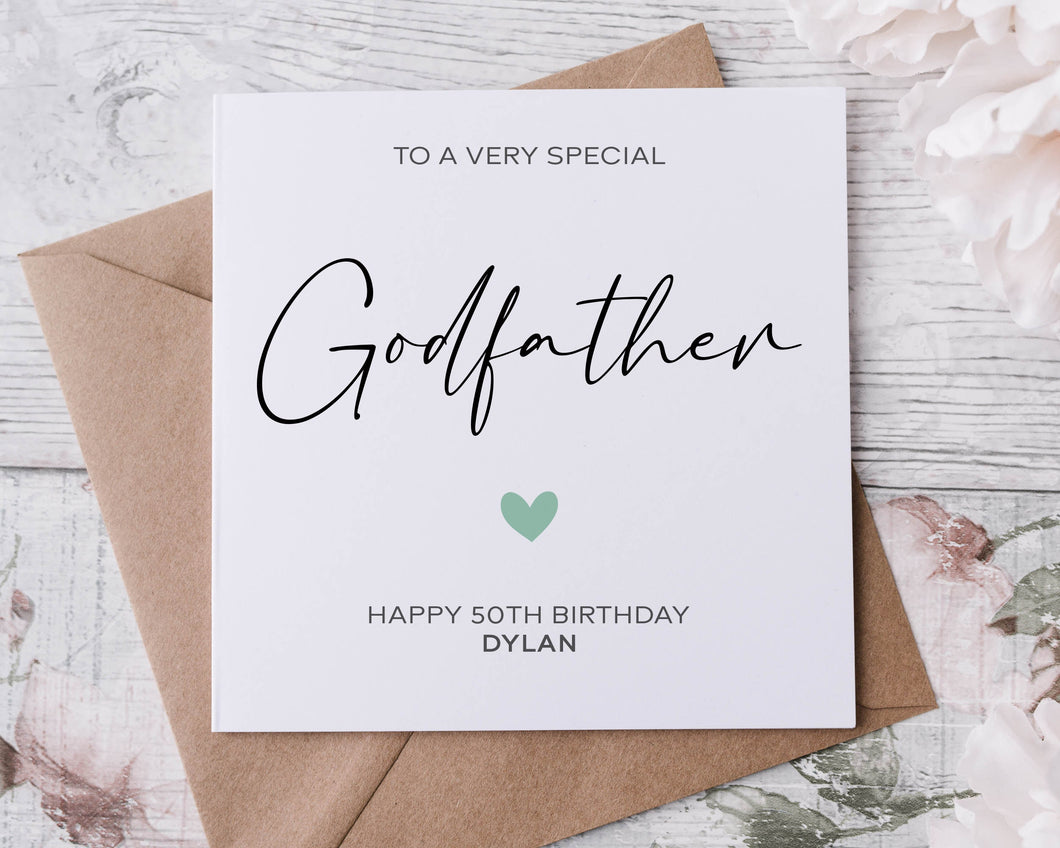 Personalised Godfather Birthday Card with Green Heart Age and Name Card For Him 30th, 40th,50th, 60th, 70th, 80th, Any Age