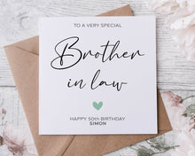 Load image into Gallery viewer, Personalised Brother in law Birthday Card with Green Heart Age and Name Card For Him 30th, 40th,50th, 60th, 70th, 80th, Any Age

