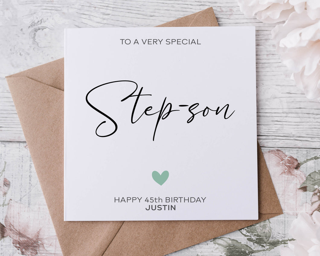 Personalised Step Son Birthday Card with Green Heart, Card for Him any age and name 18th 21st 30th 40th 50th 60th Medium of Large