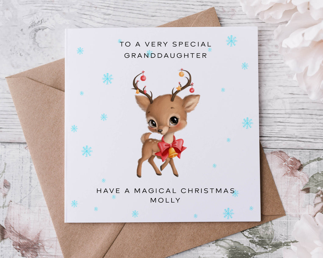 Personalised Christmas Card for Granddaughter, Reindeer with Christmas Lights Card for Her, Merry Christmas Greeting Card