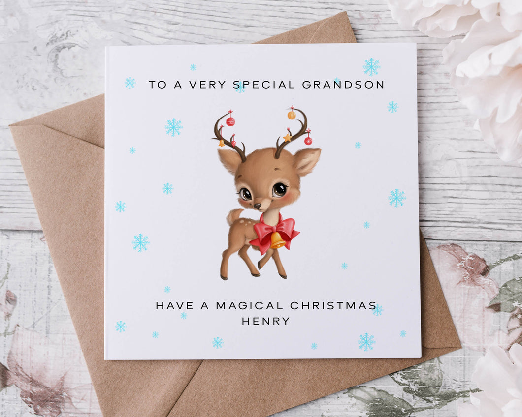 Personalised Christmas Card for Grandson, Reindeer with Christmas Lights Card for Him, Merry Christmas Greeting Card