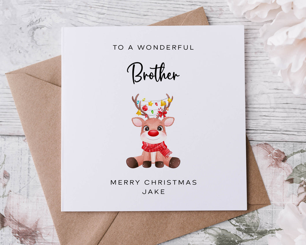 Personalised Christmas Card for Brother, Reindeer with Christmas Lights Card for Him, Merry Christmas Greeting Card
