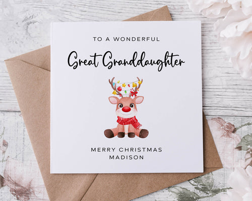 Personalised Christmas Card for Great Granddaughter, Reindeer with Christmas Lights Card for Her, Merry Christmas Greeting Card