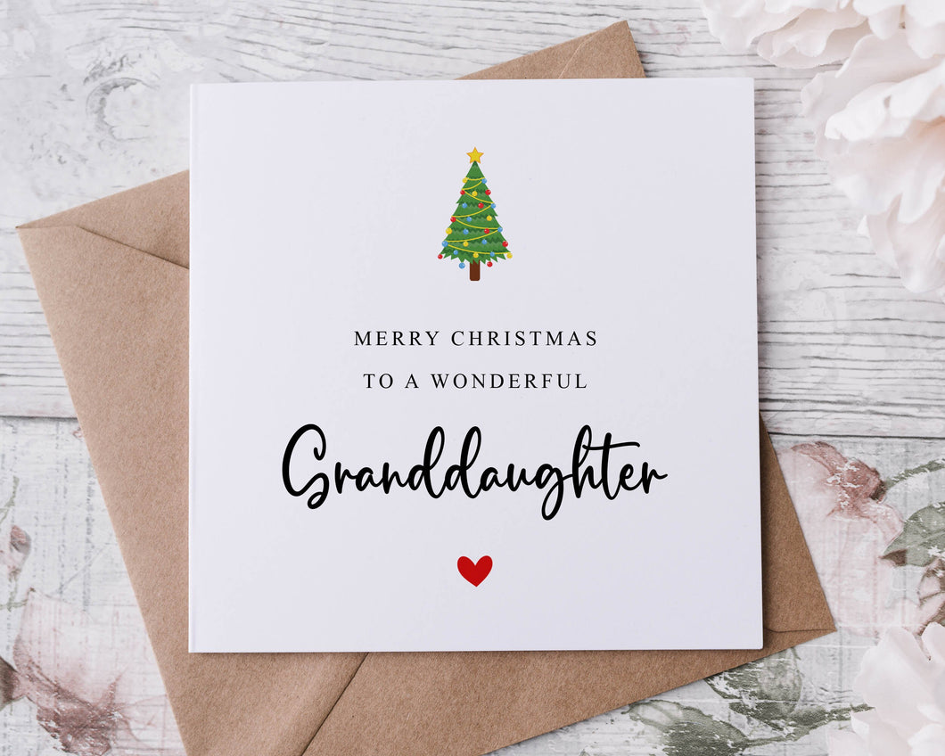 Christmas Card for Granddaughter, with Christmas Tree Card for Her, Merry Christmas Personalised Greeting Card