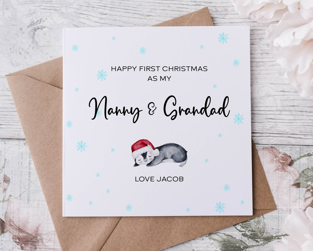 Personalised First Christmas As My Nanny and Grandad Penguin Christmas Card for Nanny,  Merry Christmas  Greeting Card