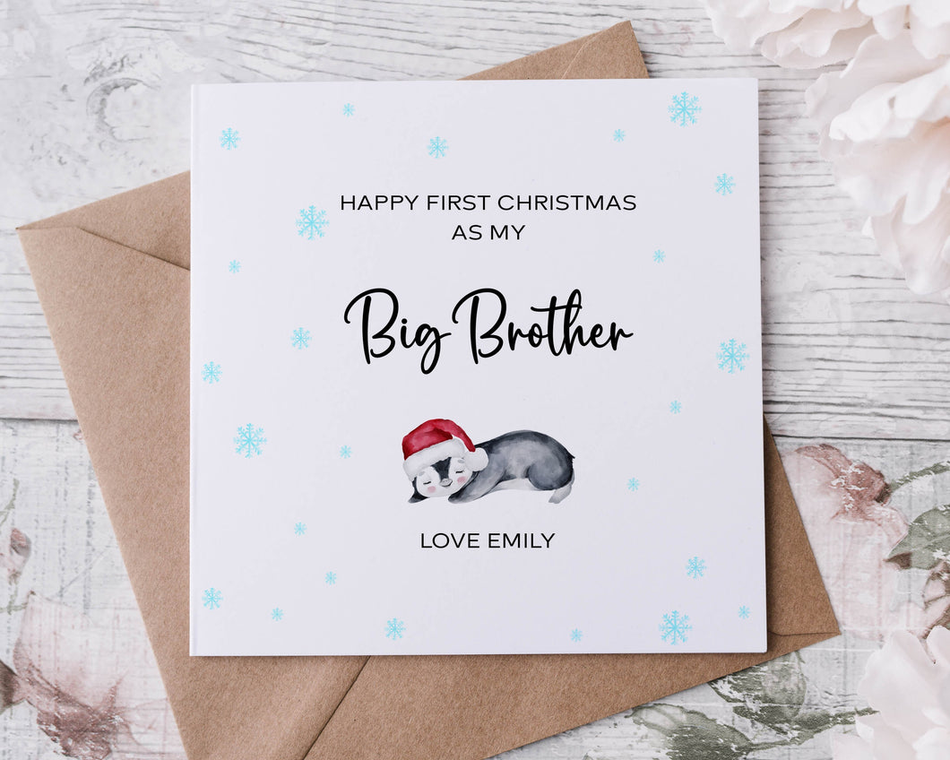 Personalised First Christmas As My Big Brother Penguin Christmas Card for Nanny,  Merry Christmas  Greeting Card