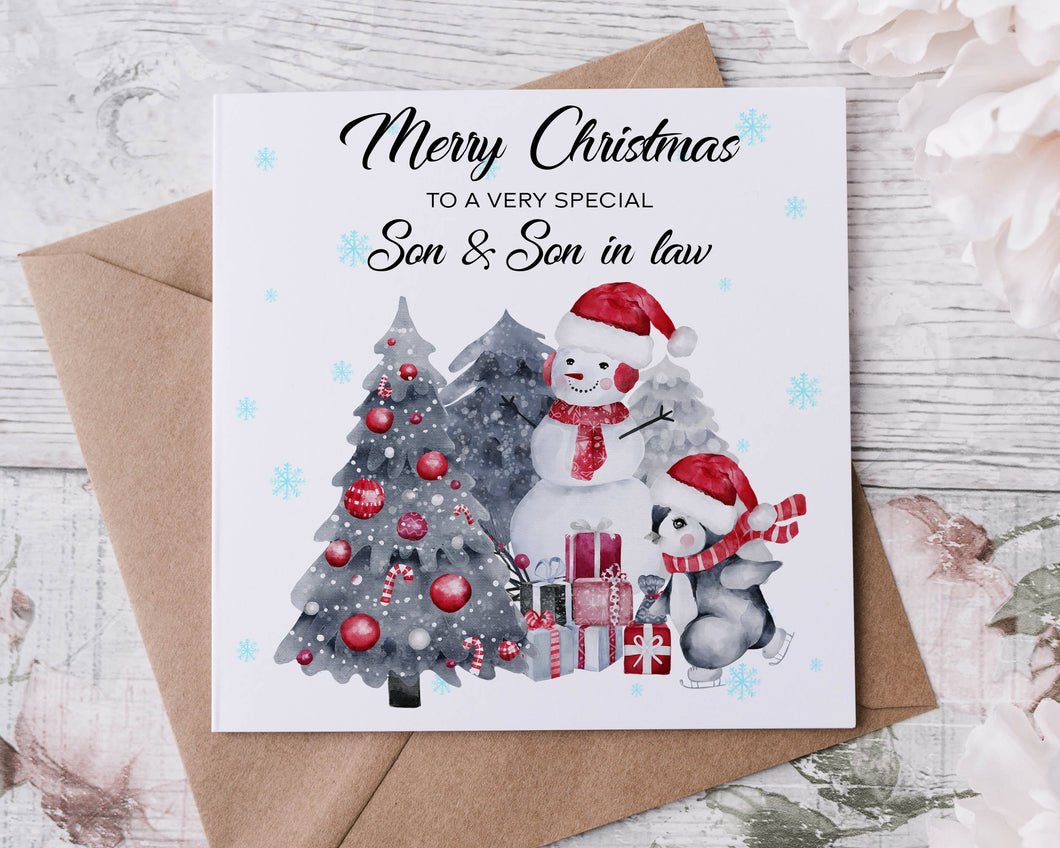 Christmas Card for Son & Son in law, with Christmas Tree, Snowman and Penguin Merry Christmas Greeting Card