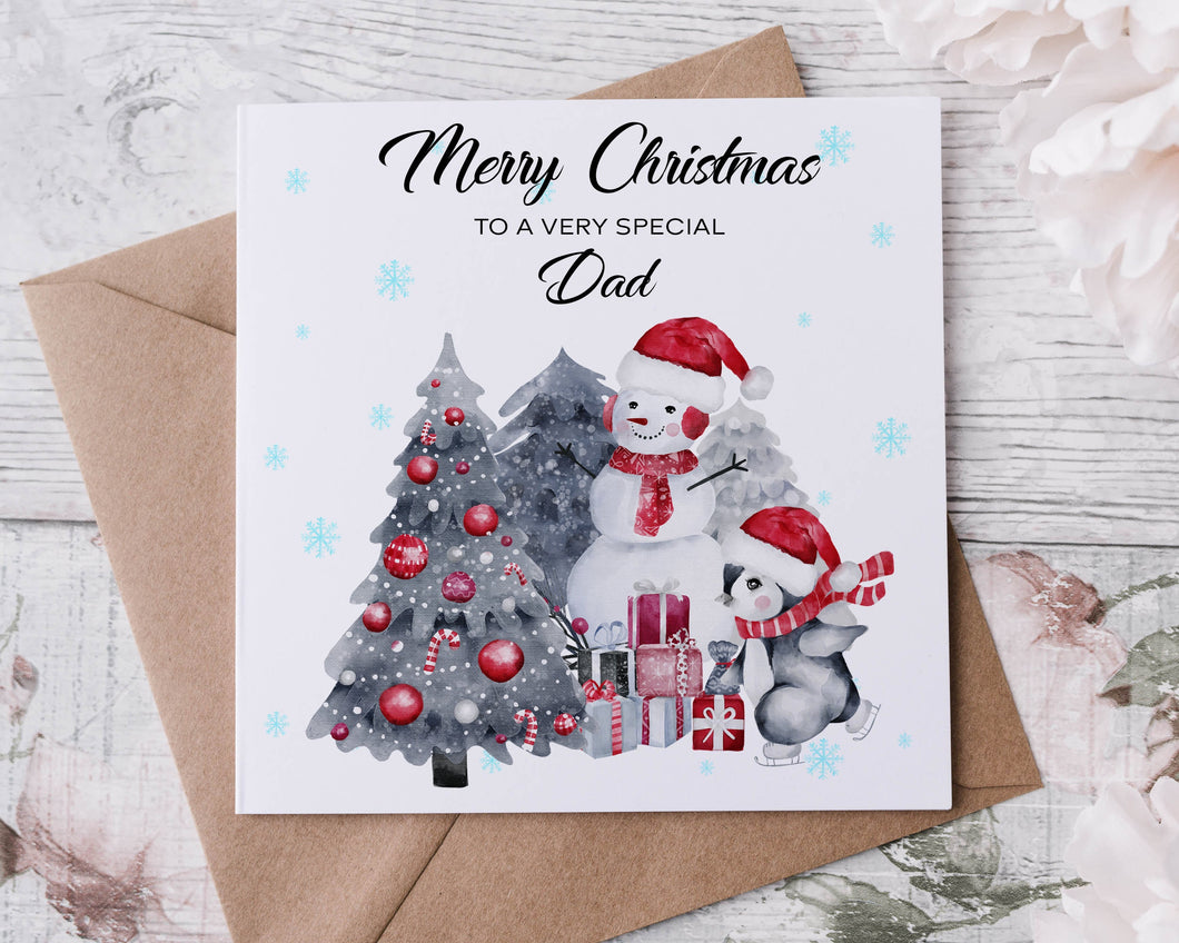 Christmas Card for Dad, with Christmas Tree, Snowman and Penguin Merry Christmas Greeting Card